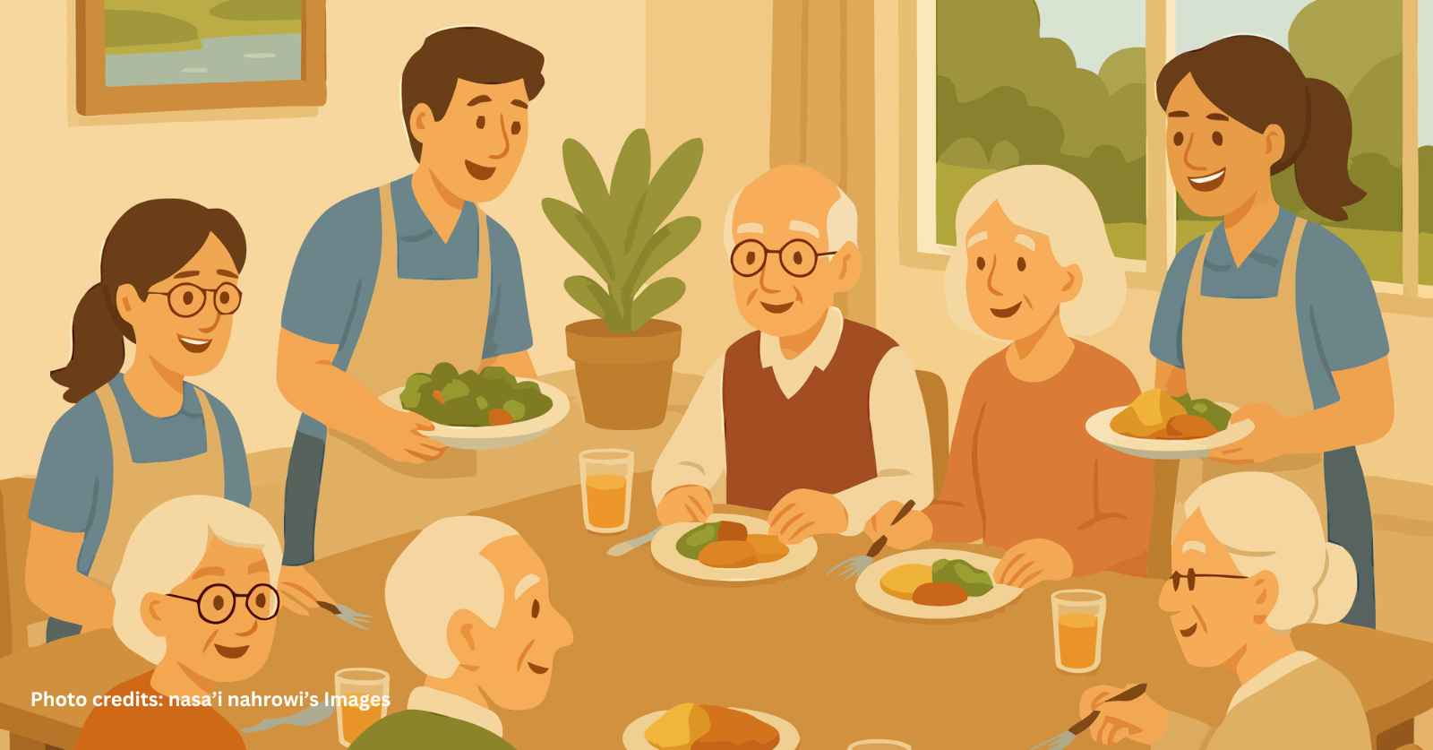 Senior People Eating Meal with Caregivers at Dining Table